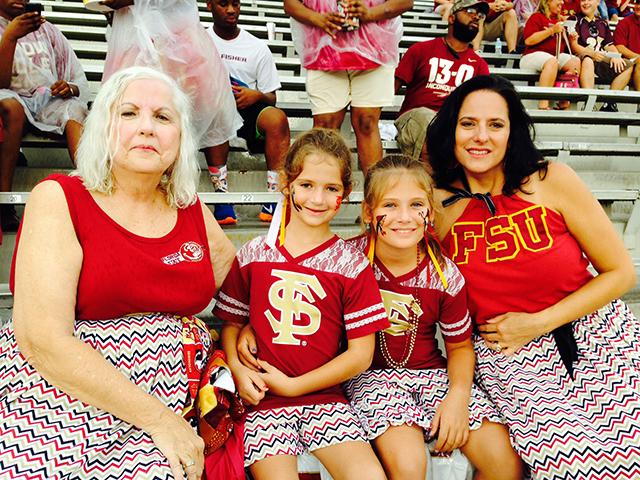 My mom, my daughters and I at the FSU game this weekend in our matching chevron. (disclaimer: excuse our hair, it was raining!