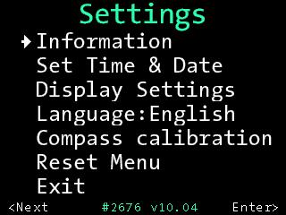 Settings In this menu you can set up basic configurations, calibrate your compass and reset settings.