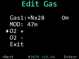 Setup mix For every of the three gases you can set the percentage of oxygen. Select O2+ or O2- to make the percentage of oxygen higher or lower.