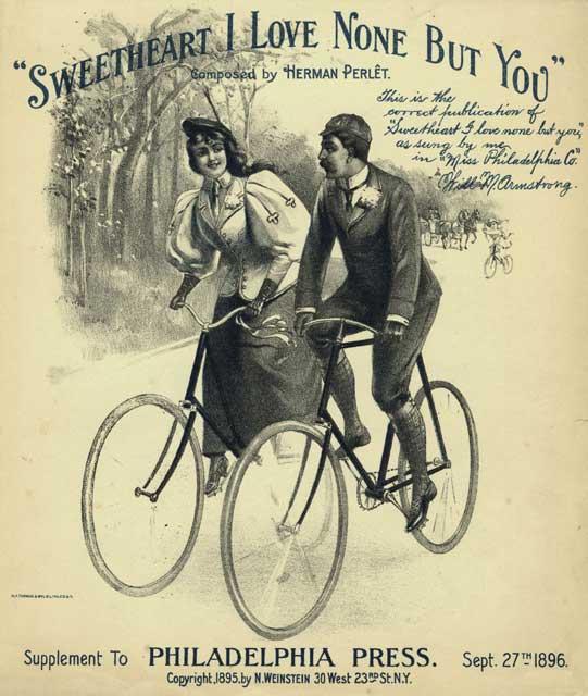 Women and bicycles: Songs People sang songs about riding bikes. The songs were popular. Why are the man and woman riding a bike? Is the bike ride for fun, sport or work? How do you know?