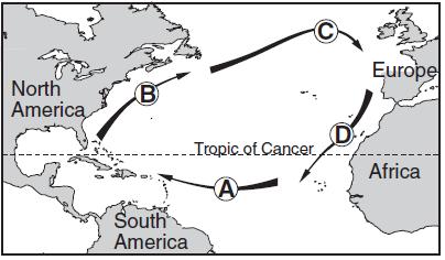 The map below shows the general path of ocean currents in a portion of the Northern Hemisphere. Locations A, B, C, and D are at the shoreline. 32.