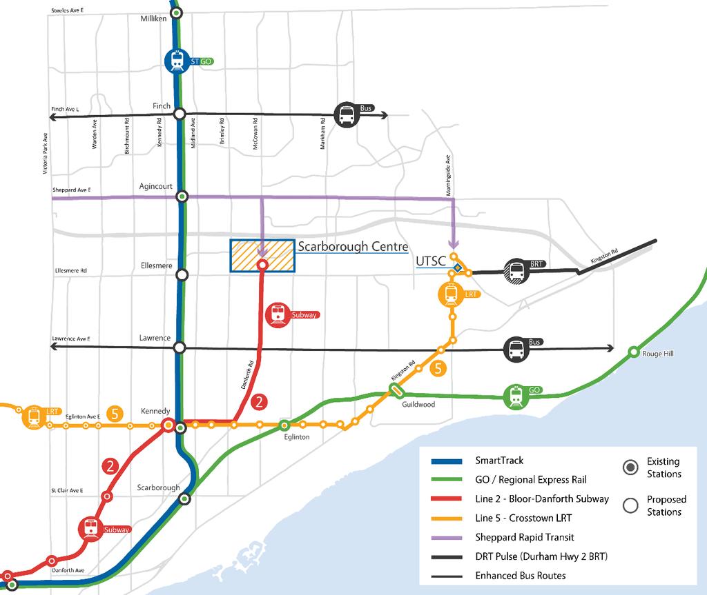 Figure 4: 2026 Recommended Rapid Transit network for Scarborough (including high frequency bus corridors) Relief Line Evaluation criteria for use throughout the Relief Line Project Assessment were
