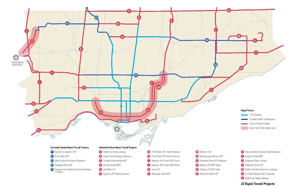 The "Feeling Congested?" draft comprehensive transit network in 2013 comprised 25 proposed new transit expansion projects that had been identified by the City, TTC and/or Metrolinx.