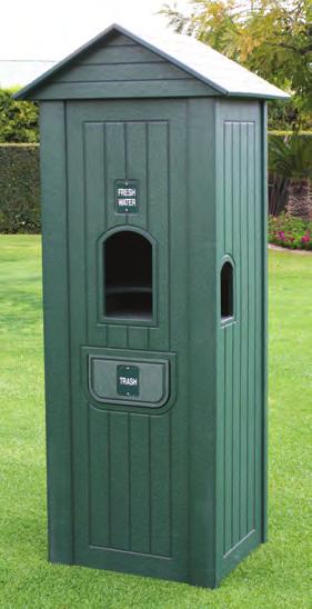 Available colours are: Green, Brown, Driftwood and Black. Dimensions: 66 Peak, 23 wide, 59 high, 19 deep. Includes trash bin.