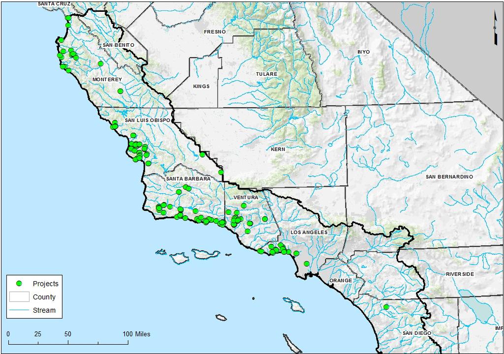 Restoration Implementation Projects in South-Central and Southern California CDFW Fisheries Restoration Grants Program 2000 2014 373 Projects in SCCC & SC