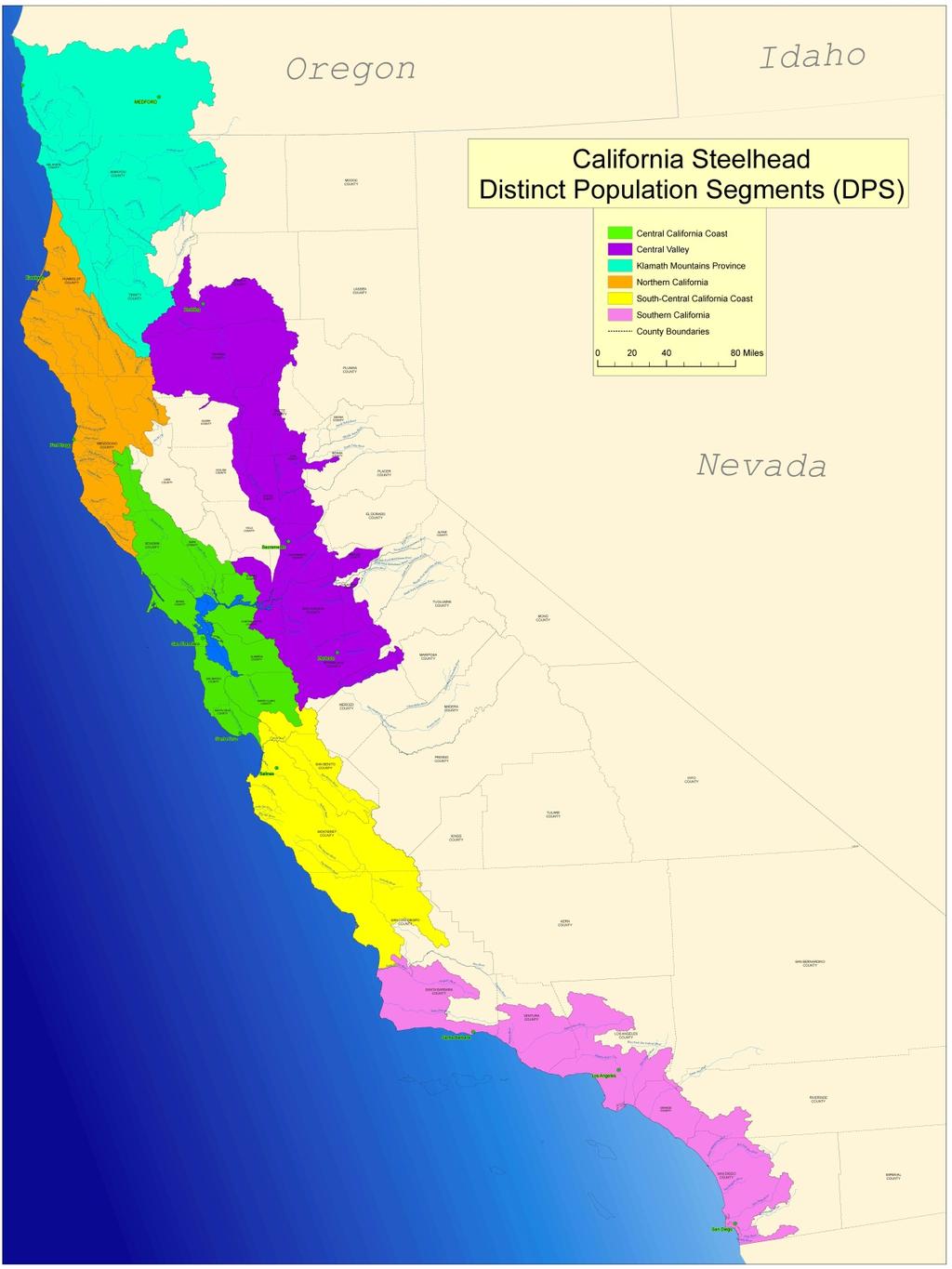 California Steelhead Distinct Population Segments (DPS) Klamath Mountains Province Klamath Mountains Province Status: Not warranted (2001) Northern California Status: Threatened (2000) Central