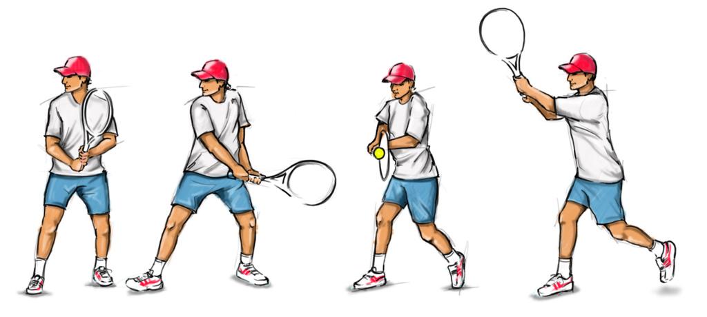 The racquet will drop below the contact point. Swing forward and up to where a ball would be hit.