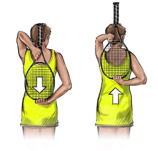 Shoulder Stretch Using their left hand, players hold their racquet by the throat (see Skills Definitions in Practice Session 1) behind their back.