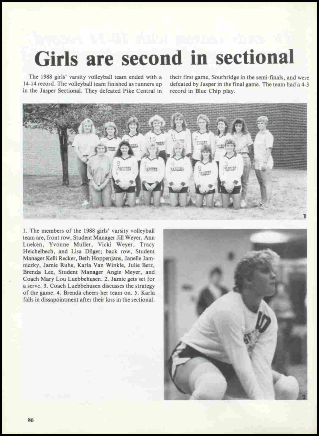 Girls are second in sectional The 1988 girls' varsity volleyball team ended with a 14-14 record. The volleyball team finished as runners up in the Jasper Sectional.