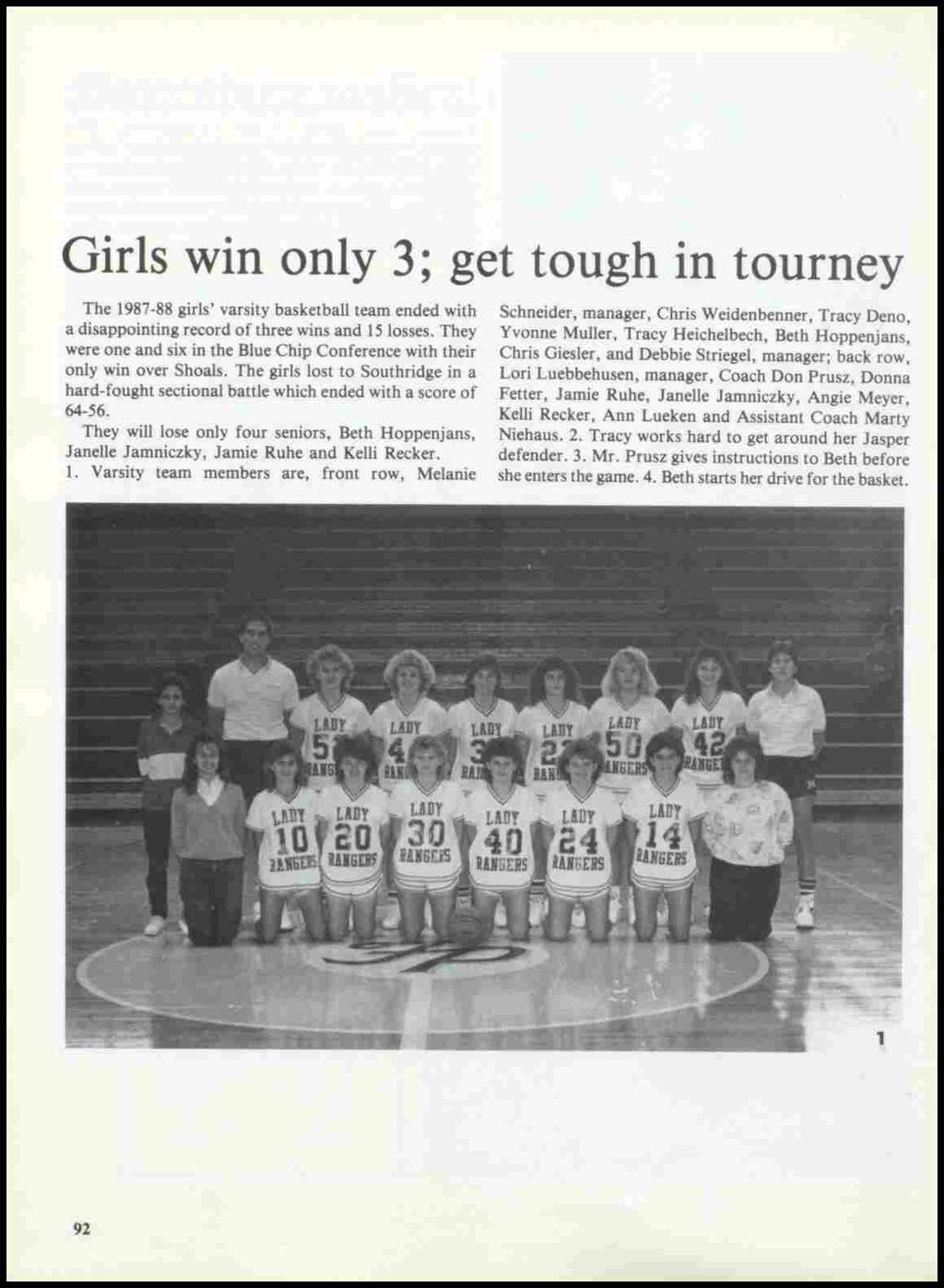 Girls win only 3; get tough in tourney The 1987-88 girls' varsity basketball team ended with a disappointing record of three wins and 15 losses.