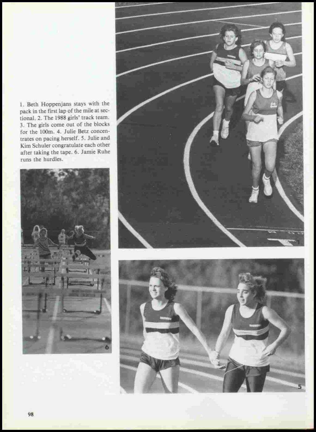 1. Beth Hoppenjans stays with the pack in the first lap of the mile at sectional. 2. The 1988 girls' track team. 3.