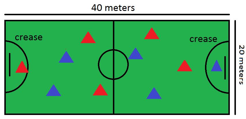 Size field is 40 meters x 20 meters. One goal in each side and there is a half-circumference named crease (zone) During the match, there are playing 5 players per team (1 goalkeeper per team).