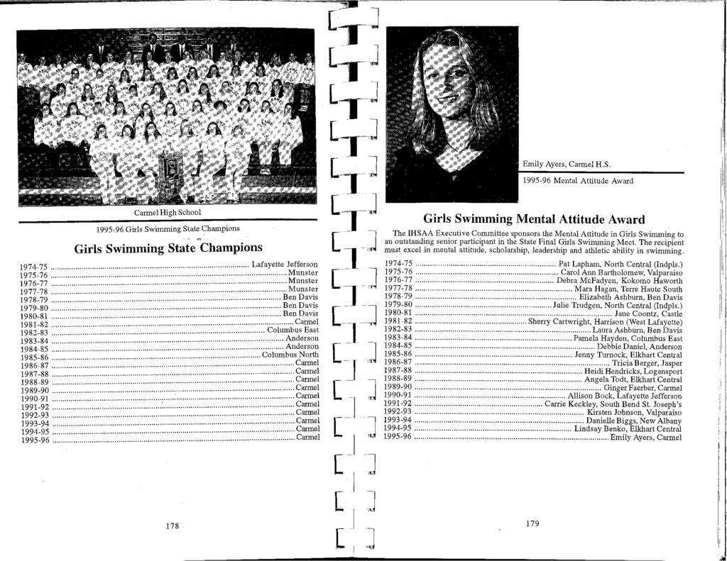Emily Ayers, Carmel H.S. 1995-96 Mental Attitude Award Carmel High School 1995-96 G:irls Swinuning State ~hampions Girls Swimming State Champions i~~~:~; :::...,,,,,,,,::::::: ::::::::: : :.
