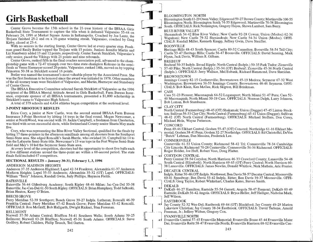 Girls Basketball Center Grove became the 15th school in the 21-year history of the HSAA Girls Basketball State Tournament to capture the title when it defeated Valparaiso 55-44 on February 24, 1996