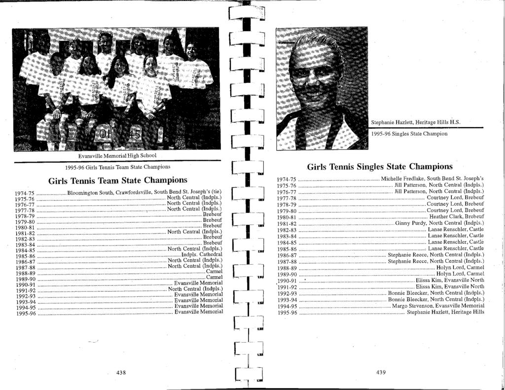 Stephanie Hazlett, Heritage Hills H.S. 1995-96 Singles State Champion Evansville Memorial High School 1995-96 Girls Tennis Team State Champions Girls Tennis Team State Champions 1974-75.