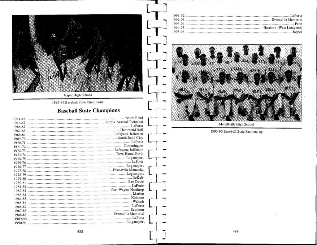 Jasper High School 1995-96 Baseball State Champions Baseball State Champions 1911-12... South Bend 1916-17...... lndpls. Arsenal Technical 1966-67... LaPorte 1967-68............ Hammond Noll 1968-69.