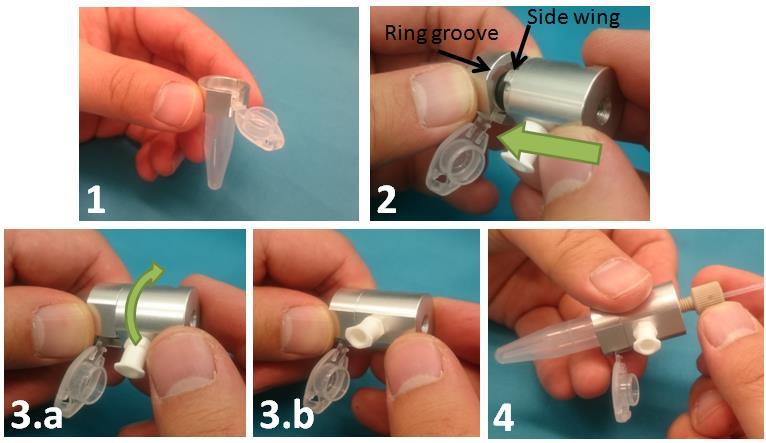 The image below explains how to use a P-Cap. List of P-Cap elements, including the cap and the ring 1) Place the ring around the tube.
