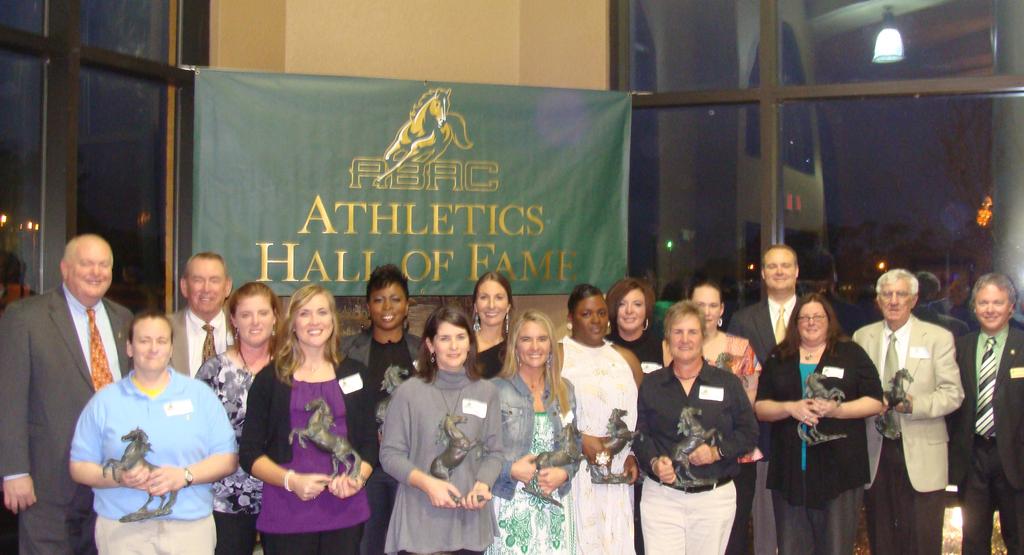 ABAC Hall of Fame 2012 Inductees Inductees of the Abraham Baldwin Agricultural College 2012 ABAC President David Bridges (back, far left) and Athletics Director Alan Kramer (far right) inducted the