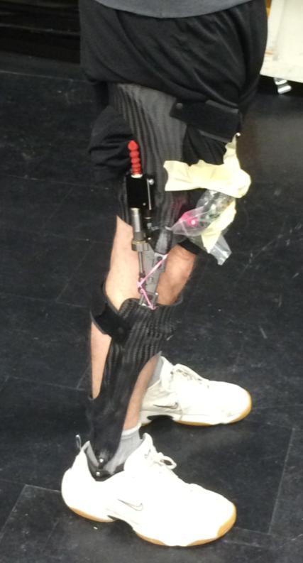 Figure 5.1: Participant wearing the carbon-fibre KAFO with the Ottawalk-Variable Speed orthotic joint on the lateral side and electronics taped to the front. 5.1.2 Walking tests Three level ground walking tests were performed: Stance-control walking: This test involved locking the knee joint during stance phase and unlocking the joint during swing.