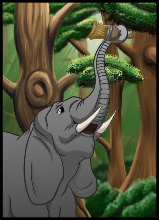 Yes, this elephant was strange indeed. As he walked away from the hippopotamus and the bear, he spotted a paintbrush.