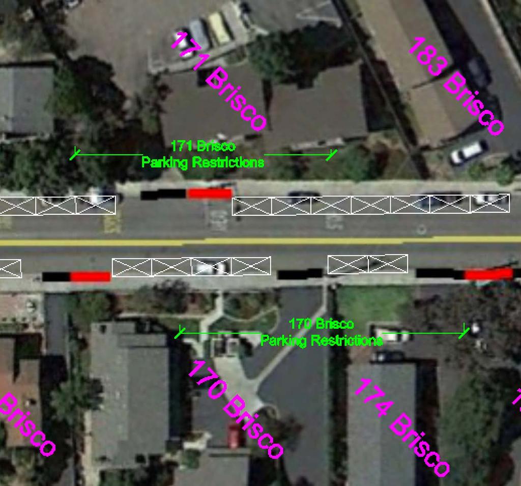 PAGE 7 Using sight triangle analysis yields the removal of four parking spaces adjacent to 170 Brisco Road and four parking spaces adjacent to 171 Brisco Road for a total of eight onstreet parking