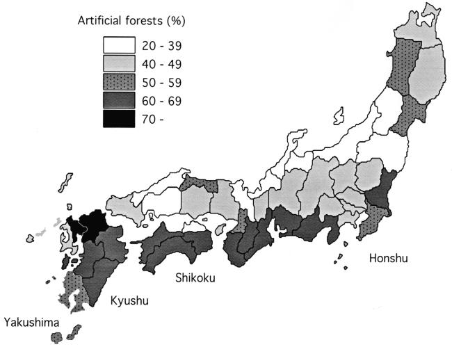 Monkeys and Japanese rural communities 259 Figure 12.2. Percentages of artificial forests in the monkey habitat prefectures of Japan. Source: MAFF (1991).