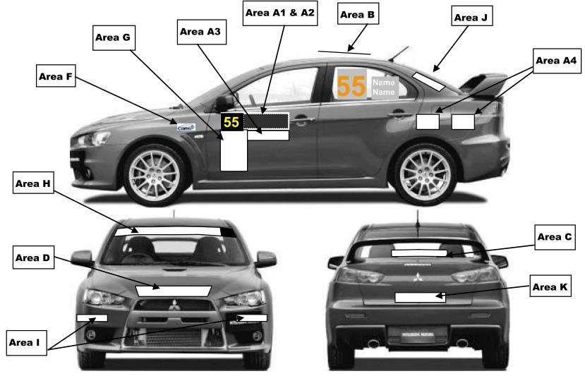 Appendix I Vehicle Signage Diagram Area L Area M Area E All Area A1 170mm H x 520mm W (includes border) Eureka Rally All Area A2 170mm H x 150mm W (includes border) Competition Numbers All Area A3