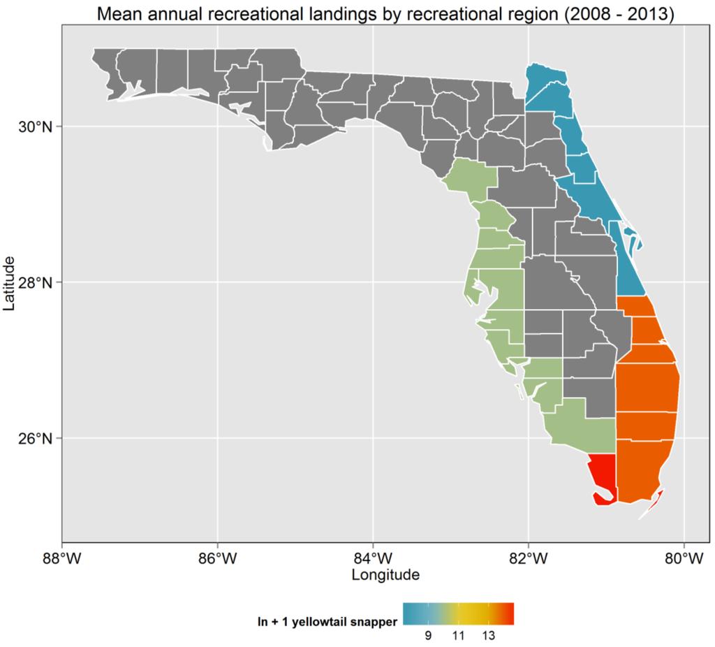 Figure 1.1.2. Mean annual recreational landings by statistical collection region for yellowtail snapper in Florida for 2008-2013.