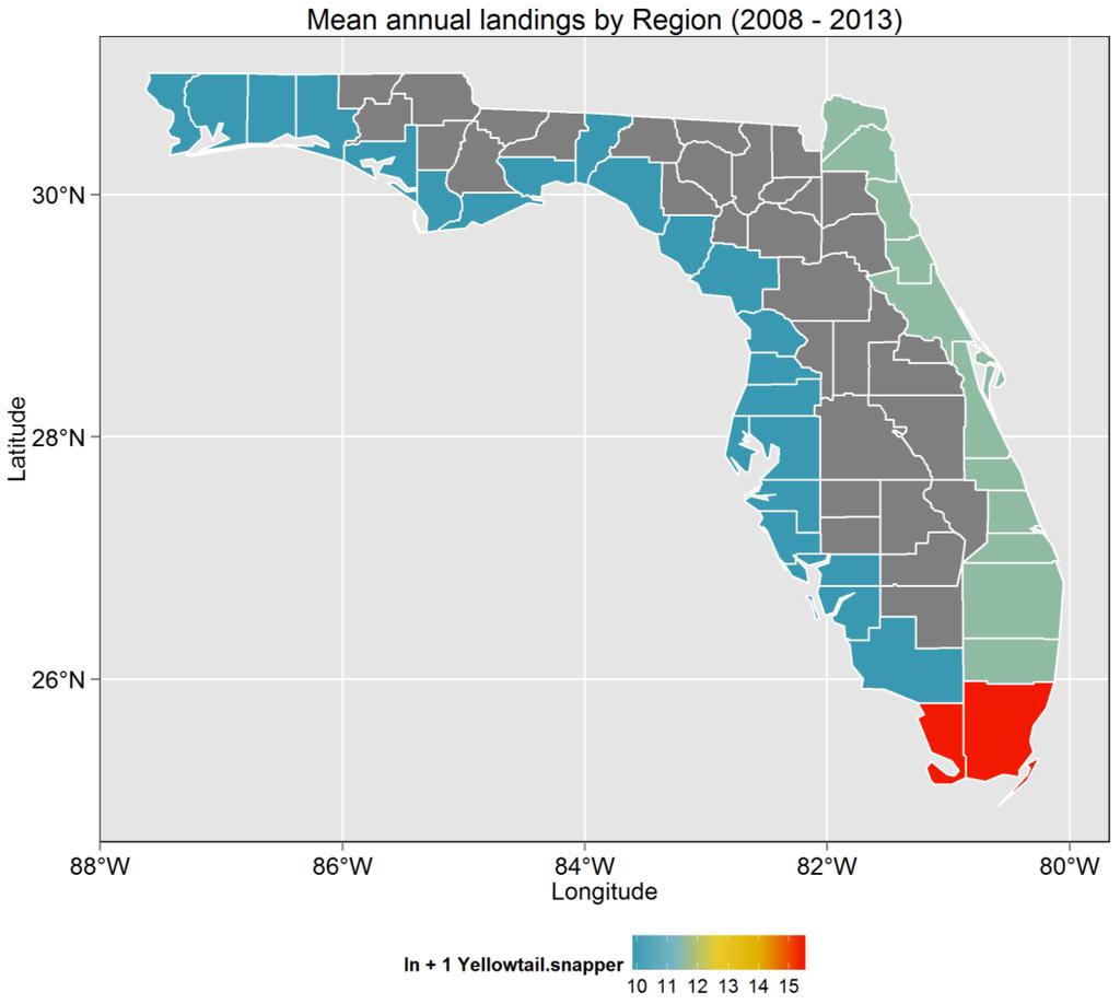 Figure 1.1.3. Mean annual commercial landings by region for yellowtail snapper in Florida for 2008-2013. Landings are averaged across years and log-transformed for homogeneity.