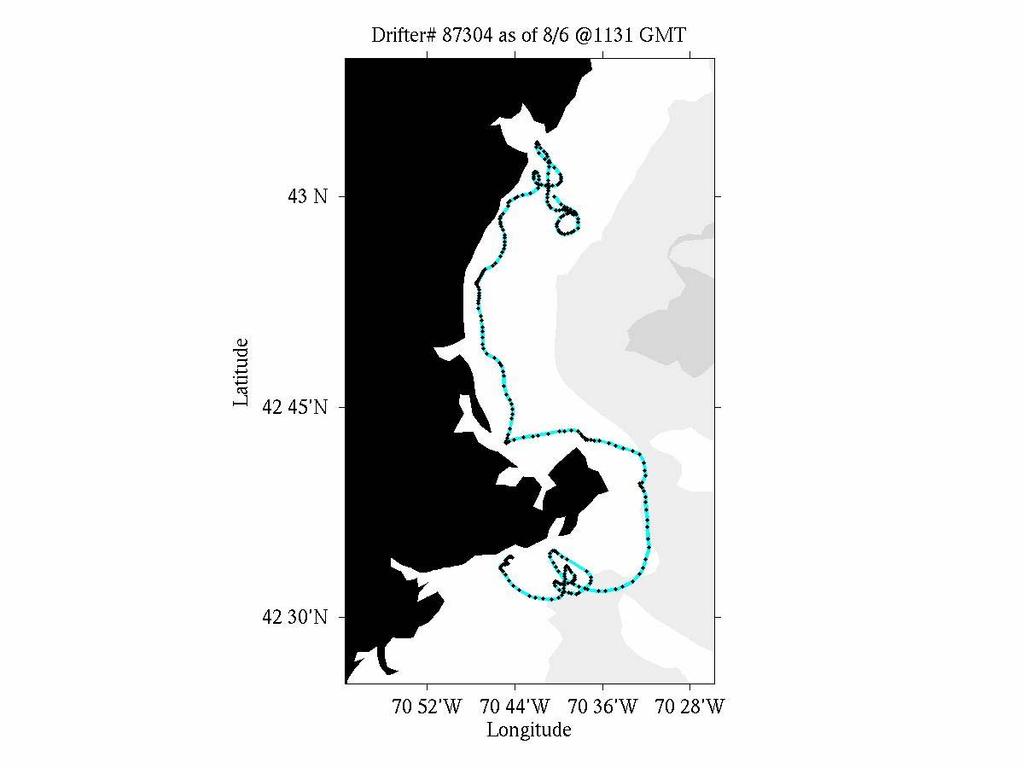 Figure 3: Example of larval drifter released between the Piscataqua River and Isle of Shoals (green circle) on July 29, 2008 (GPS:42.59.519; 70.39.928).