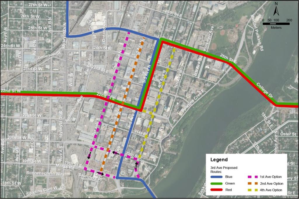 Figure 1 Exclusive Runningway Corridor Options in Downtown Saskatoon 2 Exclusive Runningway Corridor Options All four roadways span the entirety of the Downtown Core from 19 th Street to 25 th