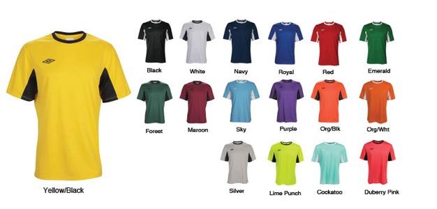 UMBRO LEAGUE SS JERSEY 100% Polyester fabrication. Mesh side and underarm panels. Contrast 1x1 rib crewneck. Available Sizes: YXS -YXL; S - XL Men's 30.00 21.00 20.25 19.50 Youth 27.00 19.00 18.25 17.