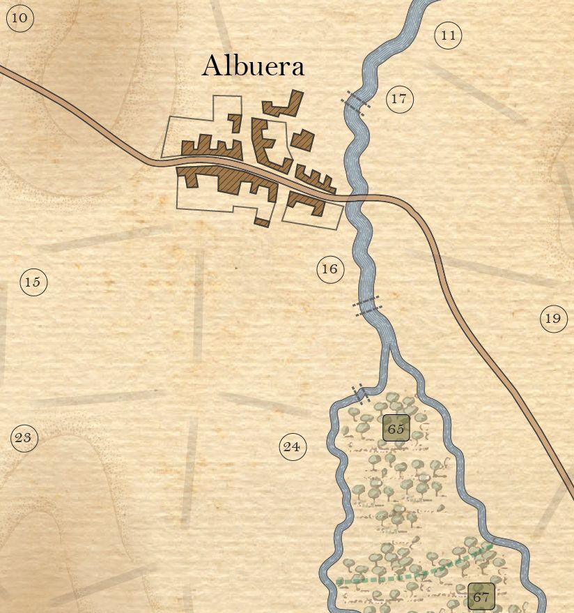 The above image shows all the terrain in the game. Areas 11, 15, 16, 17, 19 and 24 are clear terrain. Areas 10 and 23 are hills. Both hills and clear are Open terrain. Albuera is a town.