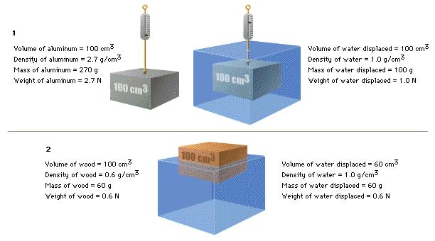 Diagram 2 below shows how the mass of the wood is equal to the mass of displaced water. Archimedes Principle Observation experiment: Submerging objects attached to spring scales http://paer.rutgers.