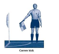 AR Signals Corner Kick AR first raises their flag to signal that the Ball has crossed the goal line, runs to the corner, stops 1 yard inside the
