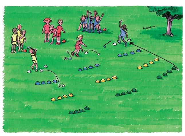 Chipping - Aim and Distance Control: Grand National In teams of 3 or 4. For each team set out a safe area with red markers and a tee area with white markers.