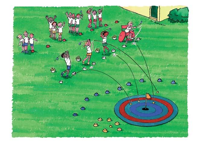 Striking- Full Swing: Stick on the Green In teams of 3 or 4. For each team set out a safe area with red markers and a tee area.
