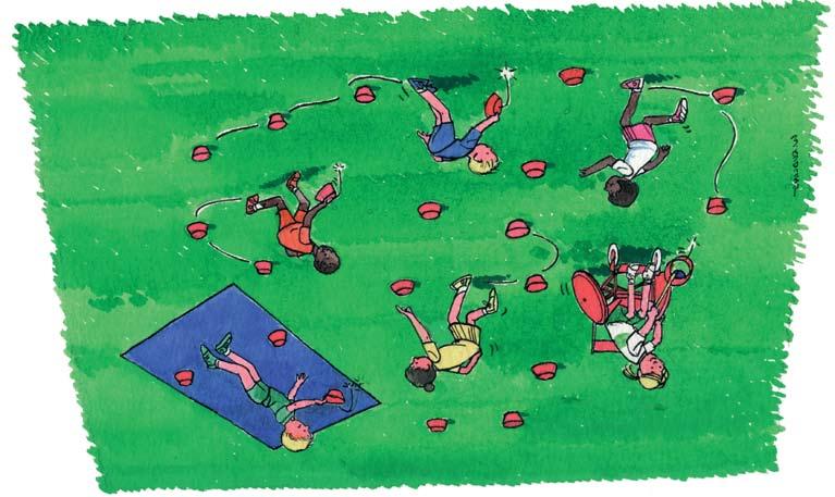 Warm-up: Divots Mark out an area and divide the children into 2 groups: 'Golfers' and 'Greenkeepers'. Give each group an equal number of markers.