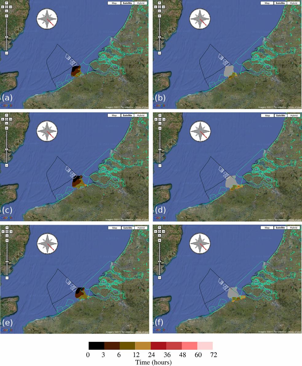 Figure 5: The left panels present the possible oil slick positions during different time intervals after the release when oil is spilled in the southern corner (top), middle (middle) and eastern