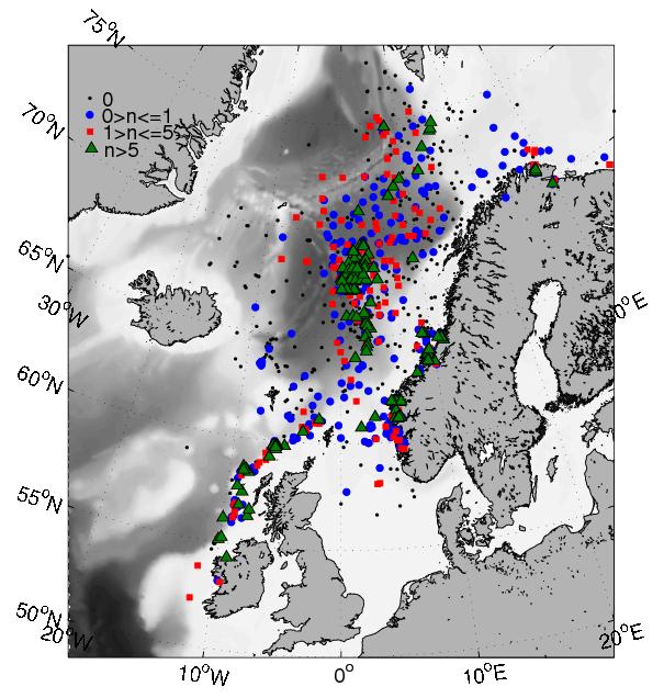 Post-smolt distribution Northward migration along shelf edge Subsequent widespread distribution of recaptures in Norwegian Sea over summer months as fish migrate further north Higher