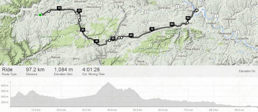 C OCTOBER 10th - Day 3 Cycling (Wellsboro, PA to Towanda, PA) 97 km After a good breakfast in our lovely hotel we start on the route which leaves for Towanda on the Old Elk Run Rd heading east