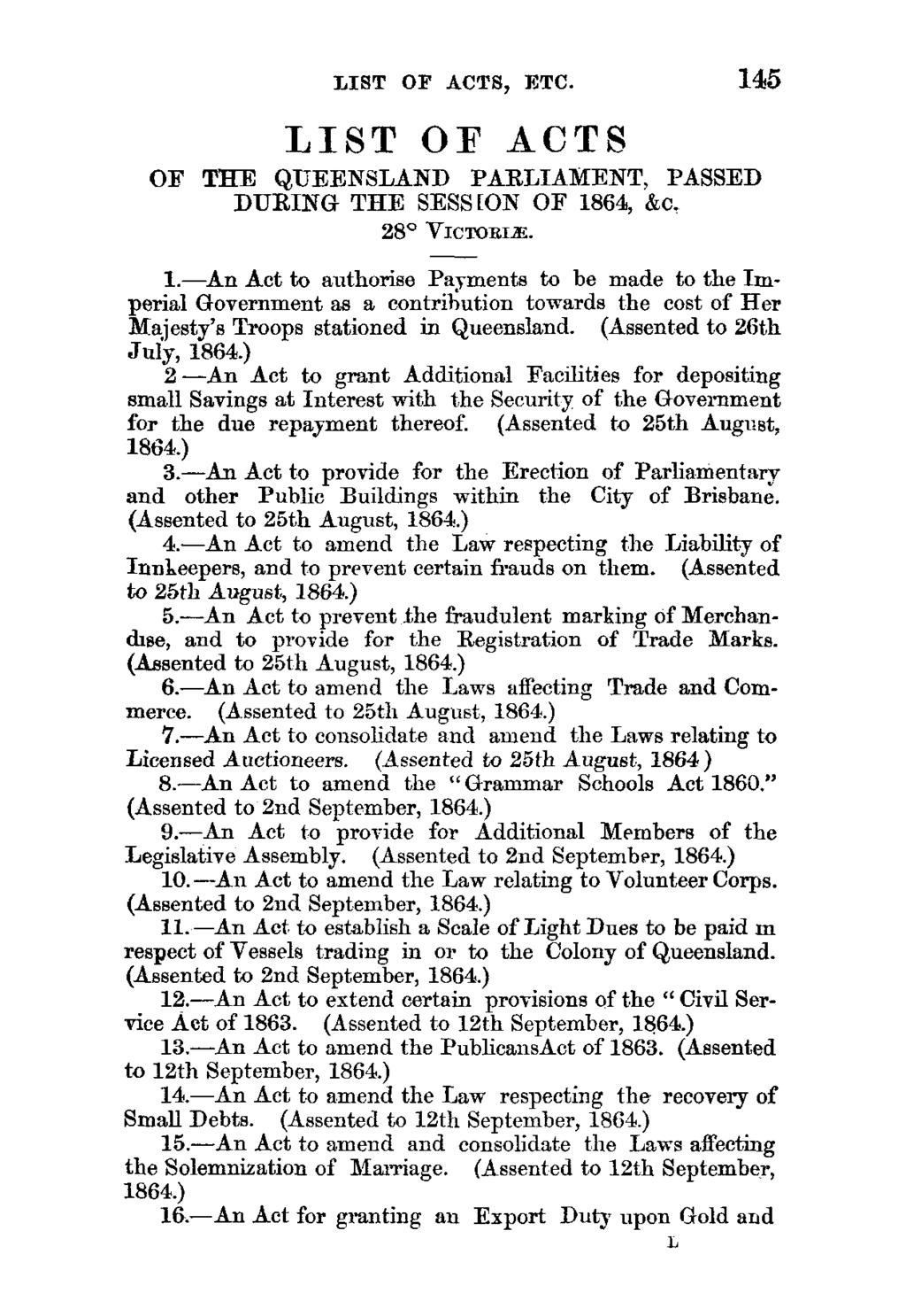 LIST LIST OF ACTS, ETC. 145 OF ACTS OF THE QUEENSLAND PARLIAMENT, PASSED DURING THE SESSION OF 1864, &c. 28 VicToais. 1.-An Act to authorise Payments to be made to the Imperial Government as a contribution towards the cost of Her Majesty's Tro ops stationed in Queensland.
