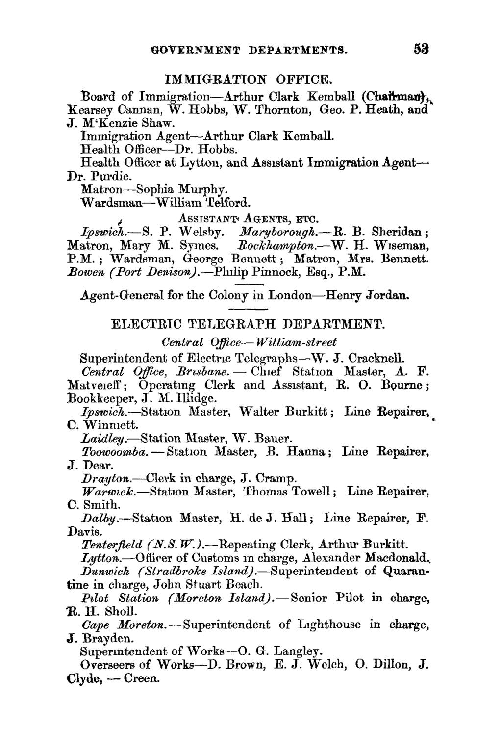 GOVERNMENT DEPARTMENTS. 53 IMMIGRATION OFFICE. Board of Immigration-Arthur Clark Komba ll (Chaiinman) Kearsey Canaan, W. Hobbs, W. Thornton, Geo. P. Heath, and J. M'Kenzie Shaw.