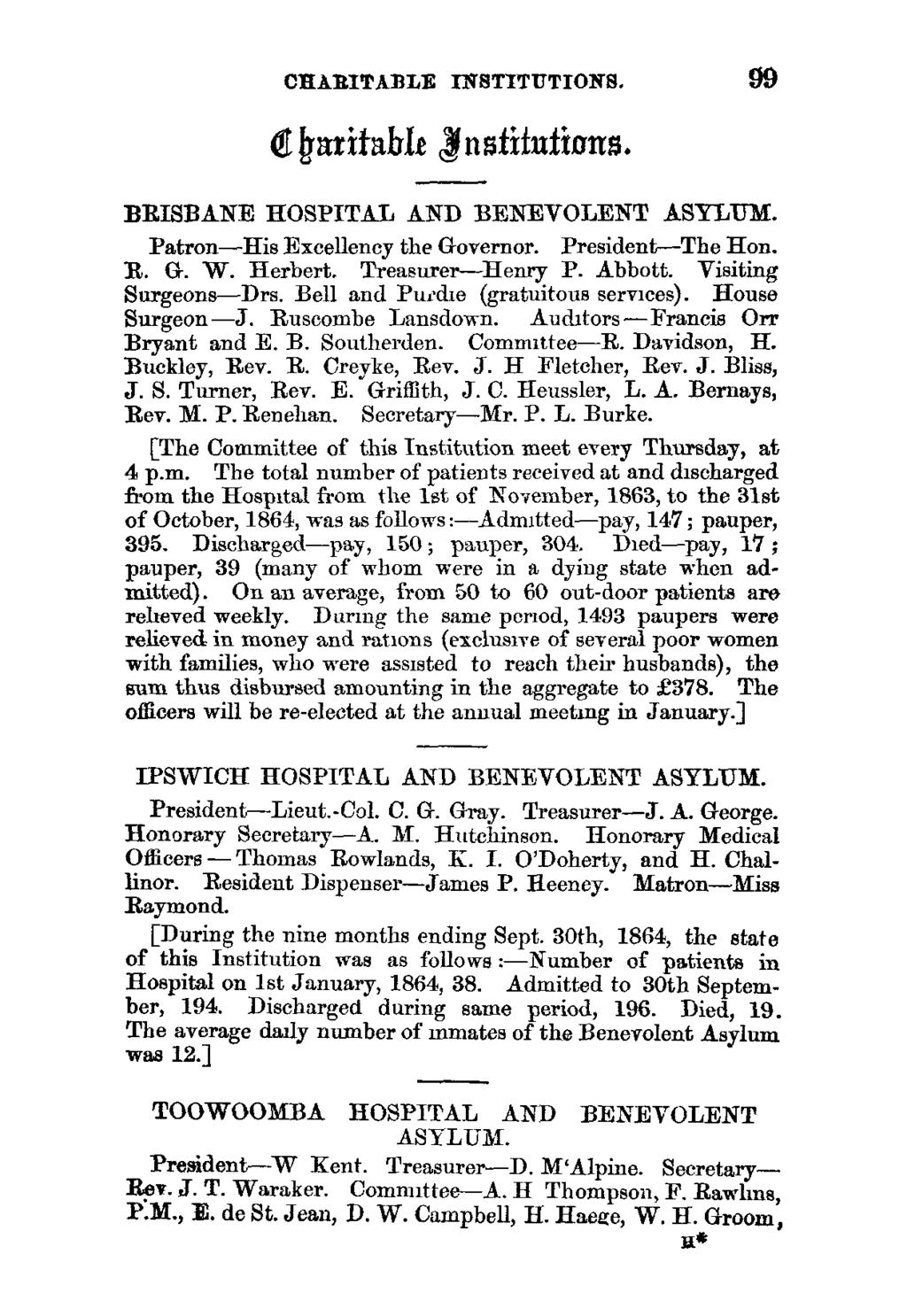 CHARITABLE INSTITUTIONS. 99 oquitiblf gnat futions. BRISBANE HOSPITAL AND BENEVOLENT ASYLUM. Patron-His Excellency the Governor. President-The Hon. R. G. W. Herbert. Treasurer-Henry P. Abbott.