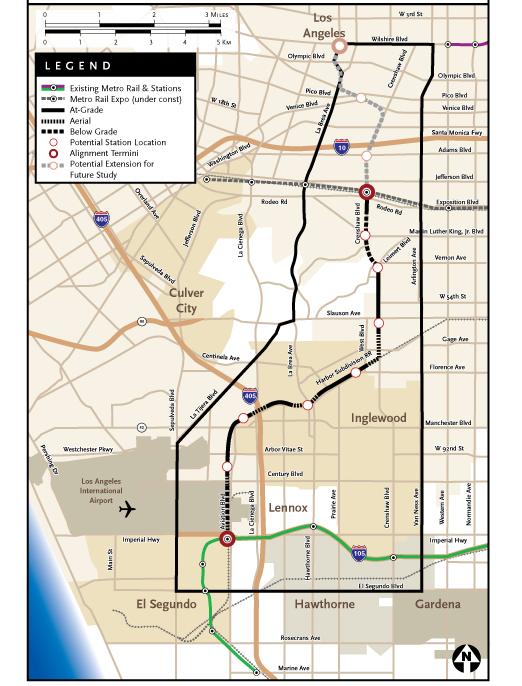 LRT Alternative General Assumptions: Grade separations are incorporated as required by adopted Metro grade separation policies (La Brea, La Cienega / I-405, Century) and in response to community