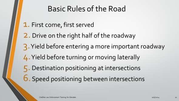 Effective traffic negotiation between drivers can be explained as six basic rules.