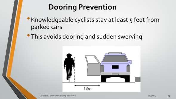 To prevent dooring related crashes, knowledgeable cyclists stay at least 5 feet from parked cars.