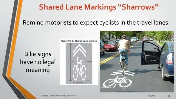 Shared lane markings, also known as sharrows, are bicycle markings in a lane that is too narrow for a marked bicycle lane.