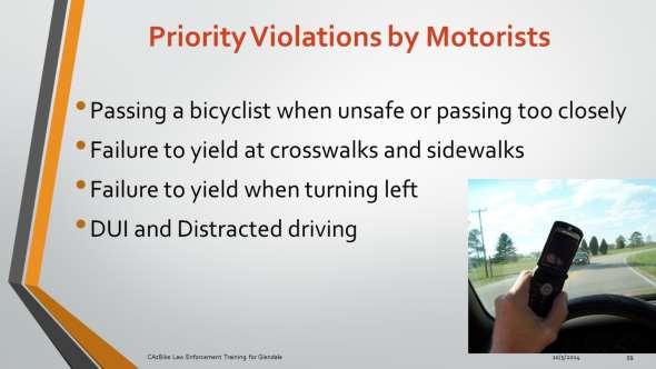 Violations by motorists that pose the greatest danger to cyclists include the following.