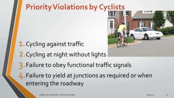 When considering enforcement actions to promote public safety, the following bicycling violations should receive priority.